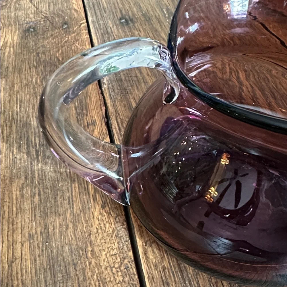 Vintage Hand Blown Amethyst Glass Pitcher Vase Applied Clear Handle Art Glass
